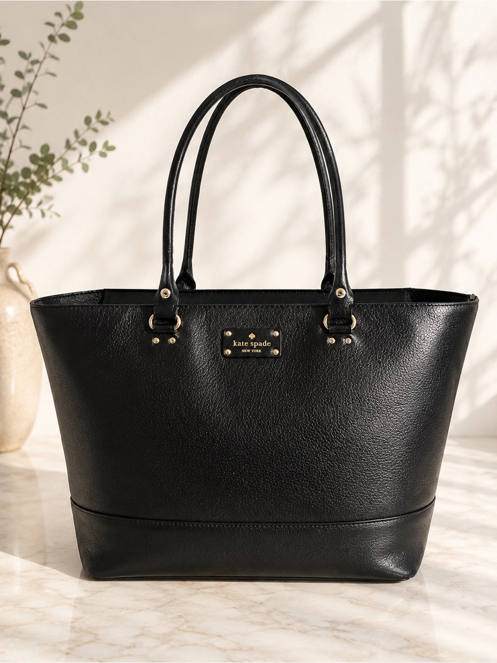 Kate Spade Black Pebbled Leather Large Zip Top Tote Shoulder Bag Laptop Purse